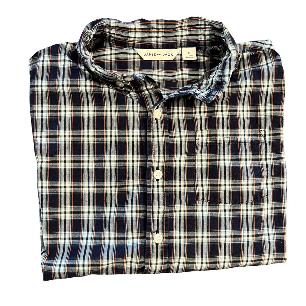 Janie and Jack Boys Navy Plaid Button Down Shirt Size 10 Classic Preppy - Picture 2 of 5